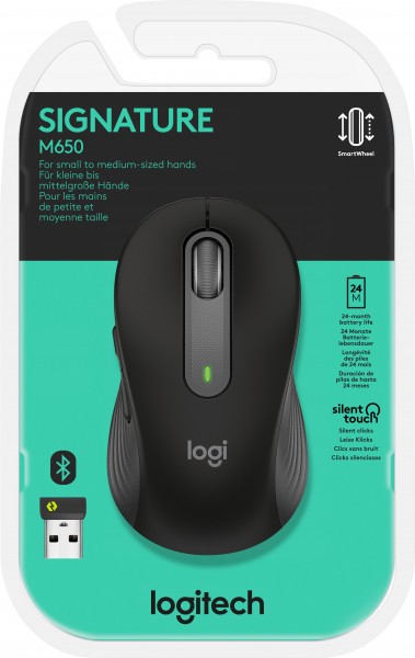 Logitech Mouse M650, Signature, Sans fil, Boulon, Bluetooth, optique graphite, 400-4000 dpi, 5 boutons, Droite, S/M, Vente au détail