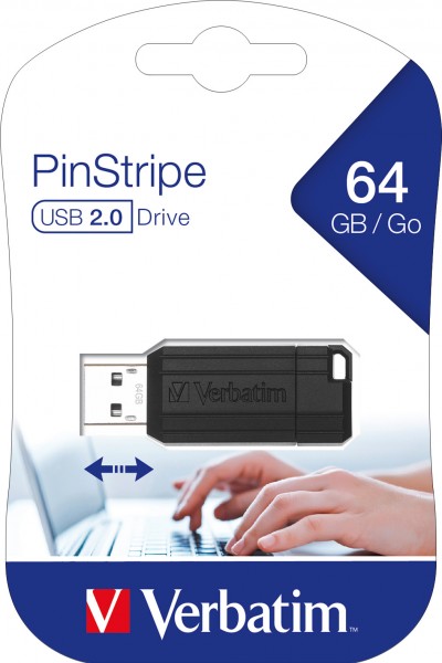Clé USB 2.0 Verbatim 64 Go, PinStripe, noir (R) 12 Mo/s, (W) 5 Mo/s, blister de vente au détail