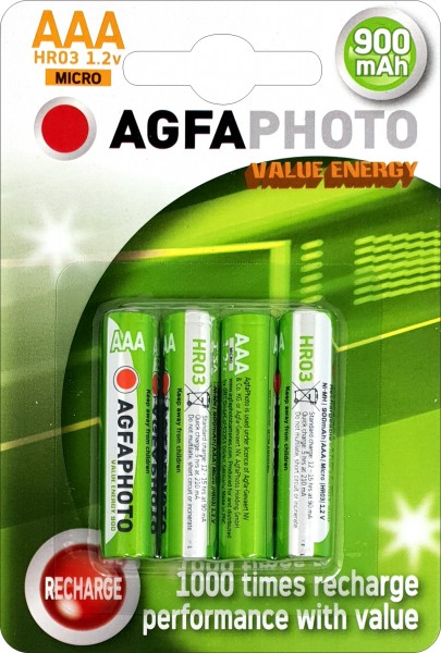 Agfaphoto Batterie NiMH, Micro, AAA, HR03, 1,2 V/900 mAh Value Energy, Blister  de vente au détail (lot de 4), Micro AAA LR03, Batteries par taille, Batteries
