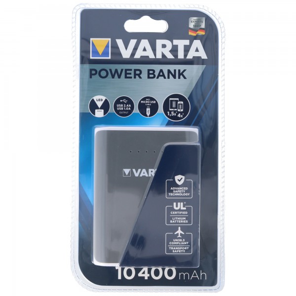 Varta Powerbank 10400mAh avec câble de chargement micro USB, pour jusqu'à 4 charges de smartphone ou 1,5 tablette