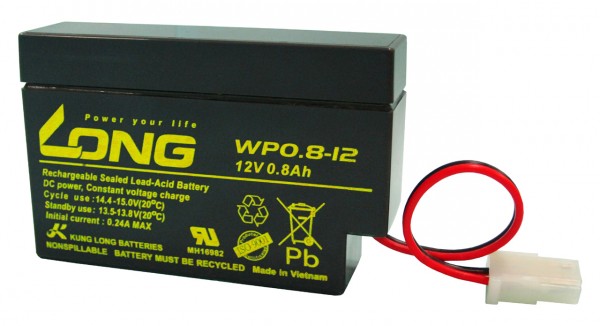 Batterie plomb-polaire Kung Long WP0.8-12, 12V, 0.8Ah avec connecteur AMP