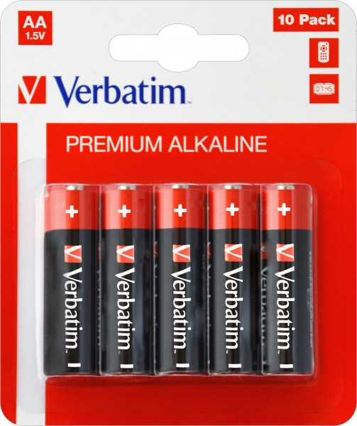 Pile alcaline Verbatim, Mignon, AA, LR06, 1,5 V Premium, blister de vente au détail (paquet de 10)