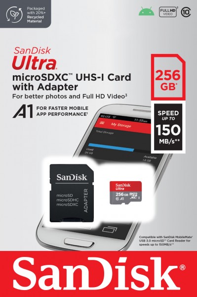 Carte microSDXC Sandisk 256 Go, Ultra, Classe 10, U1, A1 (R) 150 Mo/s, adaptateur SD, blister de vente au détail