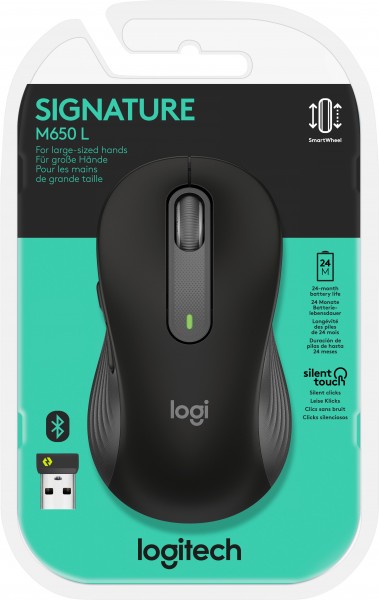 Logitech Mouse M650 L, Signature, Sans fil, Boulon, Bluetooth, optique graphite, 400-4000 dpi, 5 boutons, Droite, Grand, Vente au détail
