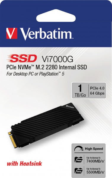 Verbatim SSD 1 To, PCIe 4.0, M.2 2280, NVMe, Vi7000G (R) 7 400 Mo/s, (W) 5 500 Mo/s, vente au détail