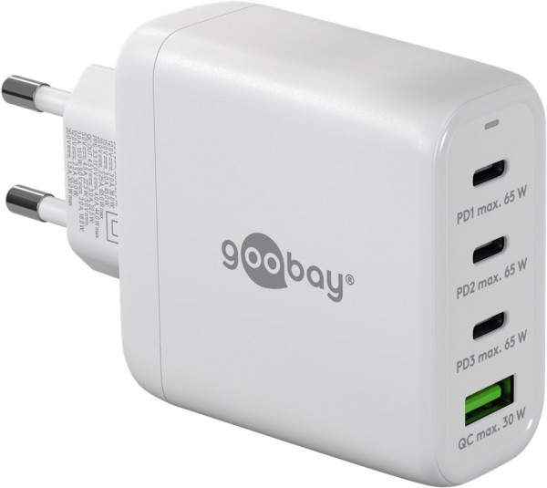 Goobay Chargeur rapide multiport USB-C™ PD (68 W) blanc - 3x ports USB-C™ (Power Delivery) et 1x port USB-A (Quick Charge) - blanc