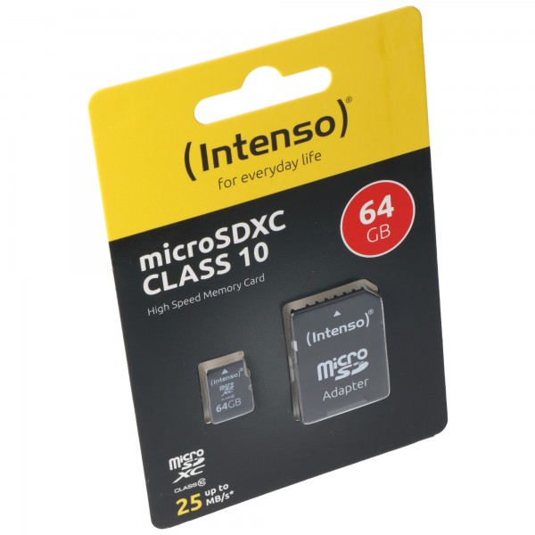 Carte microSDXC Intenso 64 Go, classe 10 (R) 25 Mo/s, (W) 10 Mo/s, adaptateur SD, blister de vente au détail