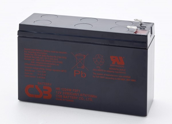 CSB-HR1224WF2F1 Acide de plomb 2Ah AGM 12 volts - 24Wh, 151x51x98,3mm + Pol 6,3 / -Pole 4,8mm résistant aux courants forts