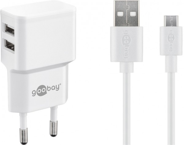 Kit de charge double Goobay Micro USB 2,4 A - bloc d'alimentation avec 2 prises USB et câble Micro USB 1 m (blanc)