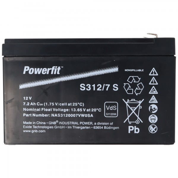 Batterie au plomb 12 Volt 7200mAh PB Exide Powerfit S312 / 7SR PB avec contacts Faston 6.3mm