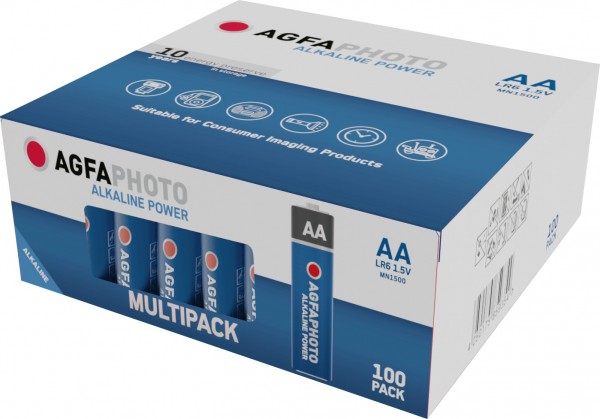 Pile alcaline Agfaphoto, Mignon, AA, LR06, alimentation 1,5 V, boîte de vente au détail (paquet de 100)