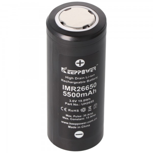 Batterie IMR 26650 Li-Ion 5500mAh 3,6V - 3,7V 15A (constant) Dimensions 66,5 x 26,3 mm