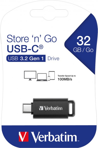 Clé USB 3.2 Verbatim 32 Go, Type-C rétractable, (R) 100 Mo/s, (W) 20 Mo/s, blister de vente au détail