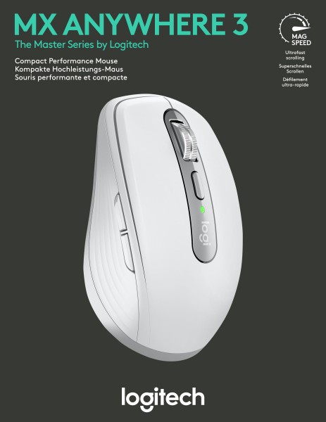 Logitech Mouse MX Anywhere 3, sans fil, Unifying, Bluetooth, laser gris clair, 200-4000 dpi, 6 boutons, batterie rechargeable, vente au détail
