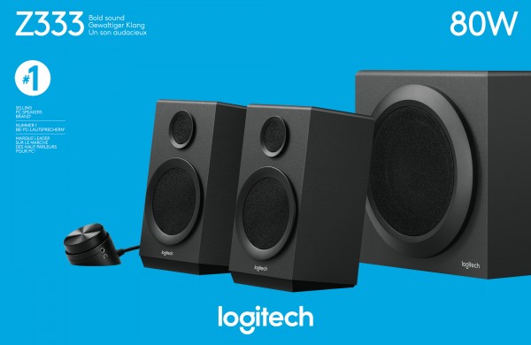 Logitech Speaker Z333, audio, stéréo 2.1, subwoofer 80W, noir, vente au détail