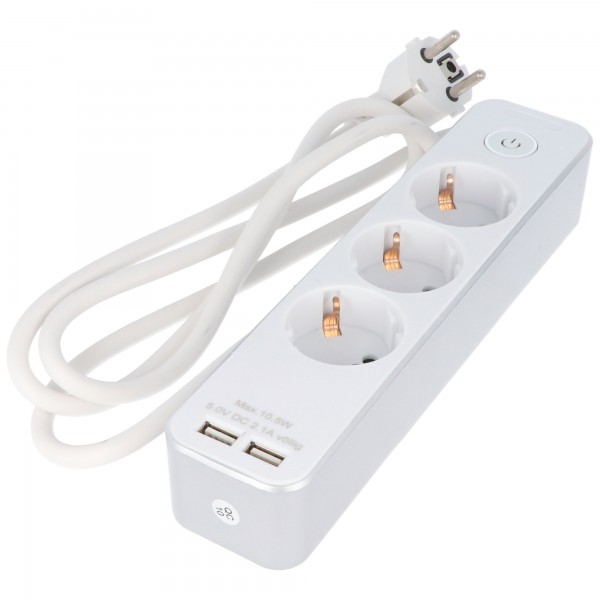 Prise de courant à 3 voies avec interrupteur et 2 ports USB, pour connecter jusqu'à trois appareils électriques et deux appareils USB, avec sécurité enfants, longueur de câble 1,5 m - ATTENTION PRISE DE TYPE F
