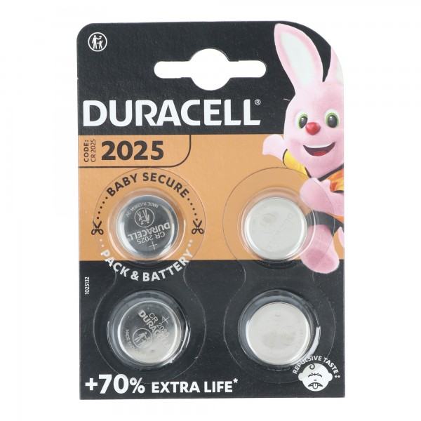 Pile Duracell au lithium, pile bouton, CR2025, électronique 3 V, blister de vente au détail (paquet de 4)