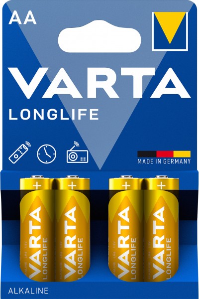 Pile alcaline Varta, Mignon, AA, LR06, 1,5 V longue durée, blister de vente au détail (paquet de 4)