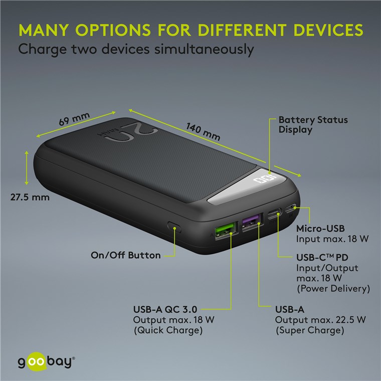 Batterie externe à charge rapide Goobay 20 000 mAh (USB-C™ PD, QC 3.0) - batterie  externe puissante avec affichage de l'état, compatible Quick Charge, Batteries externes et banques d'alimentation, Batteries