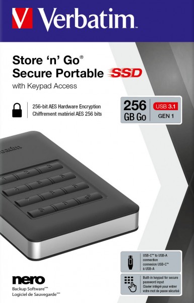 Verbatim SSD 256 Go, USB 3.1, AC, 4,57 cm (1,8''), noir Secure Portable, clavier, 256-AES-Bit, vente au détail