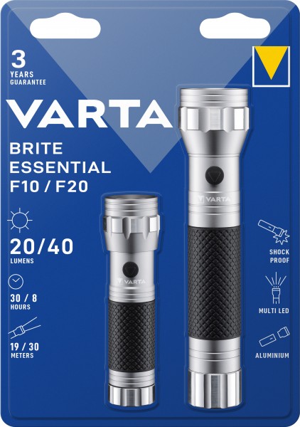 Lampe de poche LED Varta Brite Essential Twinpack 15608 + 15618, blister de vente au détail