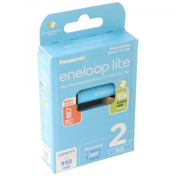 Panasonic eneloop lite, préchargé, blister de vente au détail (lot de 2) Batterie rechargeable BK-3LCCE/2BE NiMH, Mignon, AA, HR06, 1,2 V et 950 mAh 5410853064220