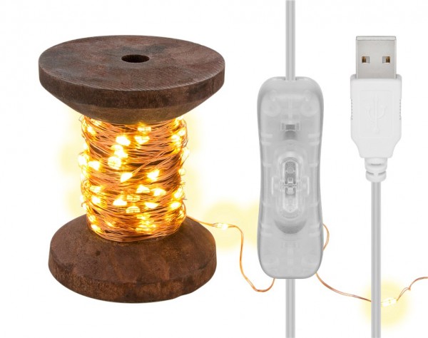 Guirlande lumineuse LED Goobay &quot;bobine&quot;, petite - avec câble USB 3 m, guirlande lumineuse 10 m avec 100 micro-LED en blanc chaud (2700 K) et interrupteur (on/off)