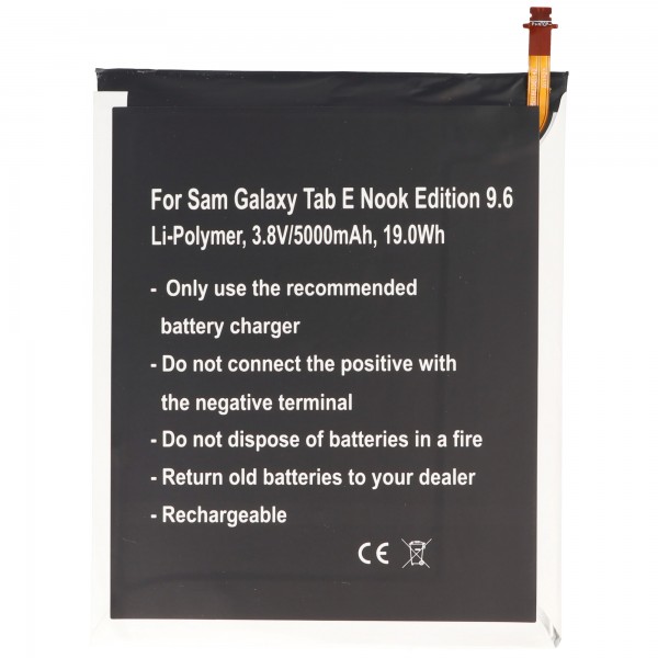 Batterie pour Samsung Galaxy Tab E Nook Edition 9.6, Li-Polymer, 3.8V, 5000mAh, 19.0Wh, intégrée, sans outil
