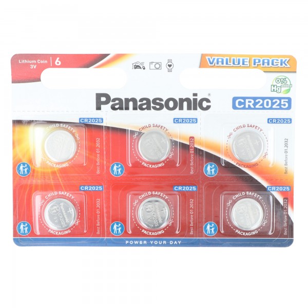 Batterie au lithium Panasonic, pile bouton, CR2025, électronique 3 V, alimentation au lithium, blister de vente au détail (paquet de 6)