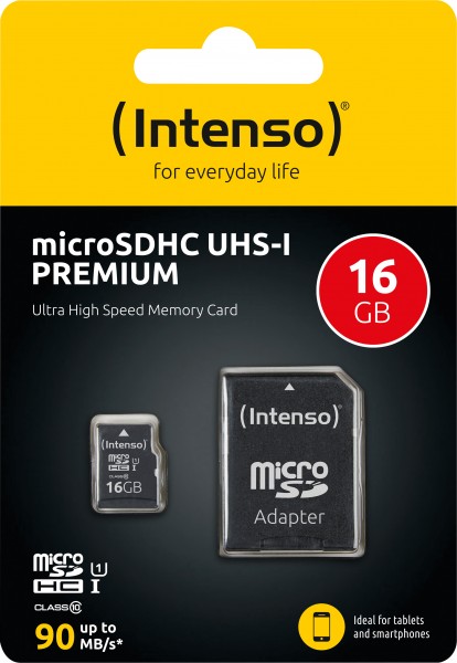 Carte microSDHC Intenso 16 Go, Premium, Classe 10, U1 (R) 90 Mo/s, (W) 10 Mo/s, adaptateur SD, blister de vente au détail