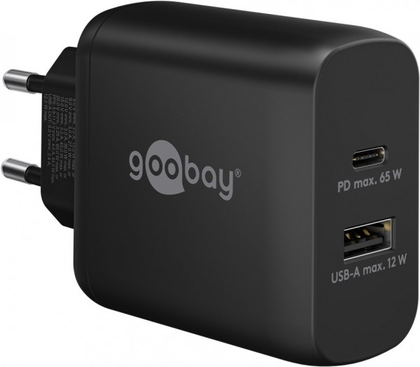 Goobay USB-C™ PD double chargeur rapide (65 W) noir - 1x port USB-C™ (Power Delivery) et 1x port USB-A - noir