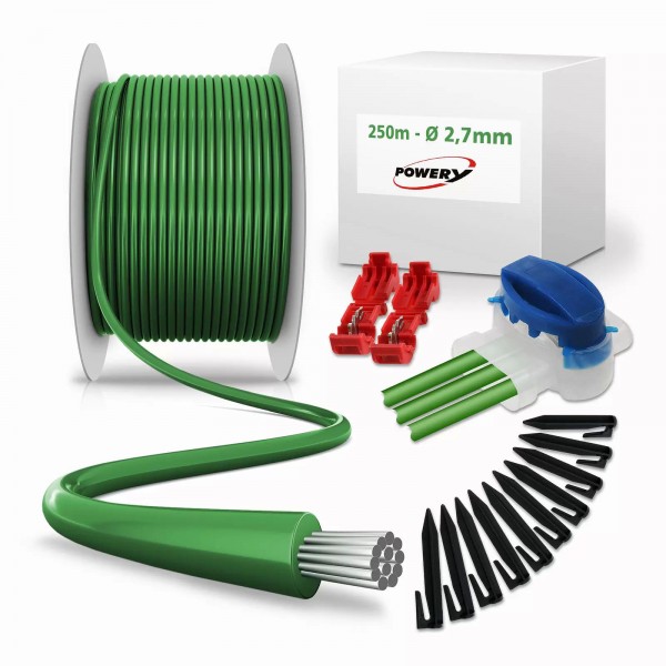 Câble périphérique de 250 m (2,7 mm) + 500 crochets + 10x connecteurs de câble + 4x bornes de connexion pour robots tondeuses à gazon