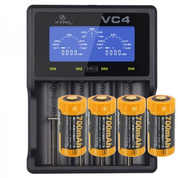 CR123 Une batterie Li-ion avec 3,7 volts, max. 760mAh 4 pièces et chargeur rapide LCD