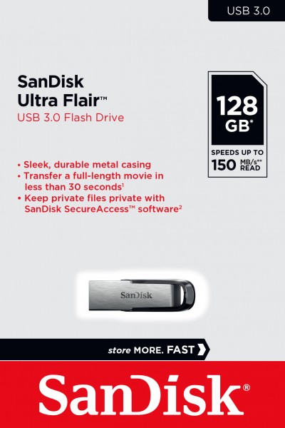 Clé USB 3.0 Sandisk 128 Go, Ultra Flair Type-A, (R) 150 Mo/s, SecureAccess, blister de vente au détail