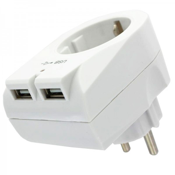 Prise de courant européenne avec sortie USB 2 fois avec un courant de chargement USB maximal de 2 100 mA, blanc - ATTENTION PRISE DE TYPE F