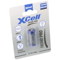 Batterie Li-Ion XCell Pro 16340 Batterie Li-Ion protégée CR123A, avec prise de charge USB-C, min. 800 mAh max. 850 mAh, 3,6 volts