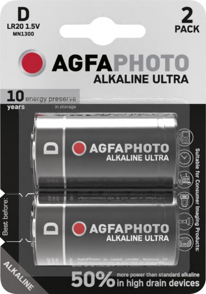 Agfaphoto pile alcaline, mono, D, LR20, 1,5 V Ultra, blister de vente au détail (paquet de 2)