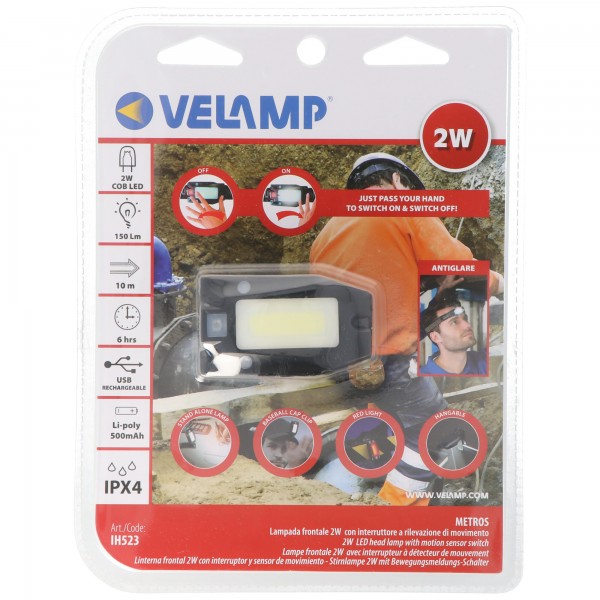 Lampe frontale Velamp Metro LED IH523, phare multifonction à piles avec interrupteur infrarouge avec batterie