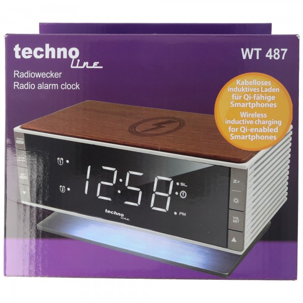 WT487 - Radio-réveil moderne, compatible avec les appareils mobiles compatibles Qi (charge sans fil via une surface de charge inductive)