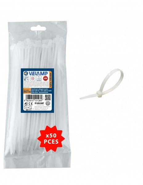 Serre-câbles Velamp en nylon. Blanc. 6.8x150 - 50 pièces