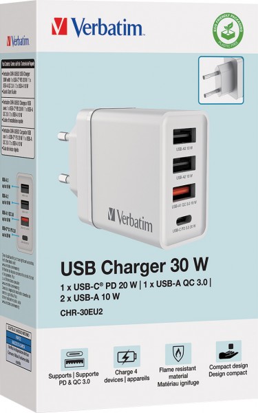 Adaptateur de charge Verbatim, CHR-30EU2, 30 W, GaN, blanc 2x USB-A, 1x USB-A QC, 1x USB-C PD, vente au détail
