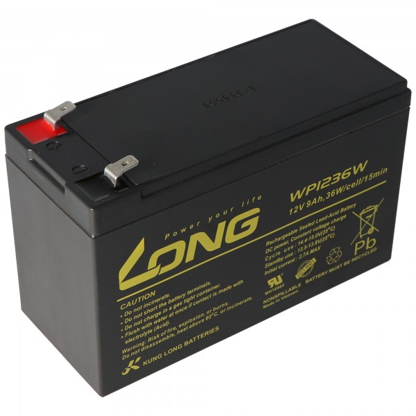 Batterie au plomb Kung Long WP1236W 12Volt 36W avec 9Ah, 6.3mm Faston Tab 250