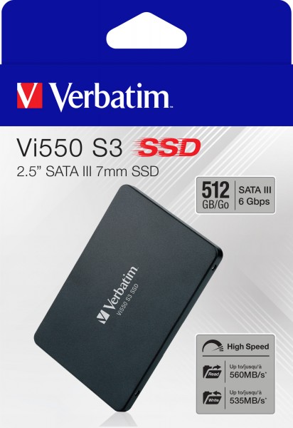 Verbatim SSD 512 Go, SATA-III, 6,35 cm (2,5''), Vi550 (R) 560 Mo/s, (W) 535 Mo/s, Vente au détail