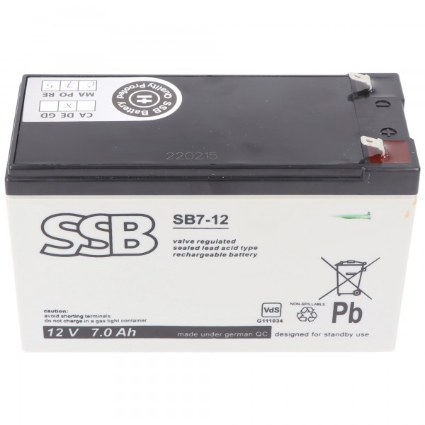 Batterie plomb Faston SSB SBV7-12 12V 7Ah 4.8mm Batterie plomb gel AGM