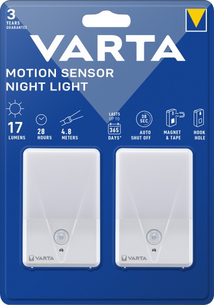 Lampe torche LED Varta Motion Sensor, veilleuse 17 lm, lot de 2, sans 3 piles alcalines AAA, blister de vente au détail