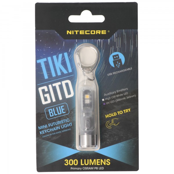 Nitecore TIKI GITD, Glow in the dark, avec LED UV, lampe porte-clés, lampe porte-clés rechargeable, bleu