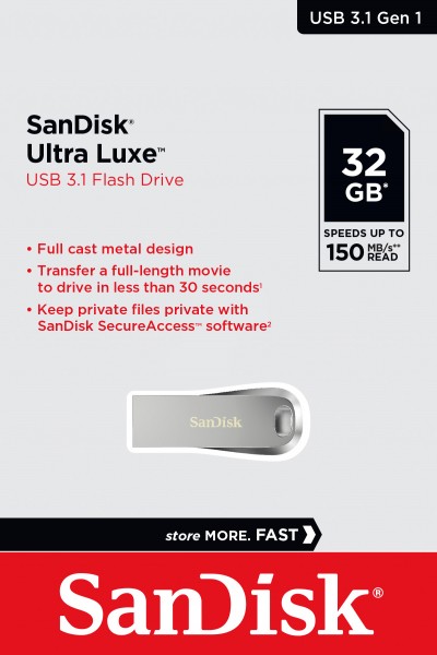 Sandisk Clé USB 3.1 32 Go, Ultra Luxe Type-A, (R) 150 Mo/s, SecureAccess, blister de vente au détail