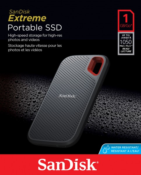 Sandisk SSD 1 To, USB 3.2, Type AC, 6,35 cm (2,5'') Extreme Portable, (R) 1050 Mo/s, blister de vente au détail