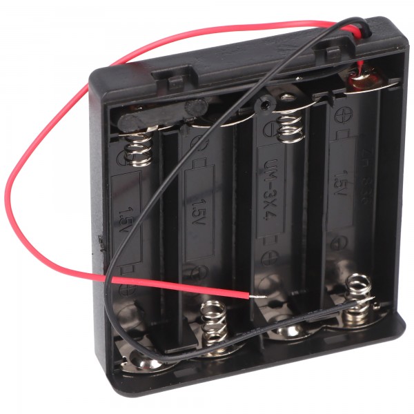 Support de batterie pour 4x Mignon avec couvercle et interrupteur, extrémités de câble libres, hydrofuge