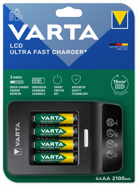 Batterie rechargeable Varta NiMH, chargeur rapide universel, LCD Charger+ avec batteries rechargeables, 4x Mignon, AA, 2500mAh
